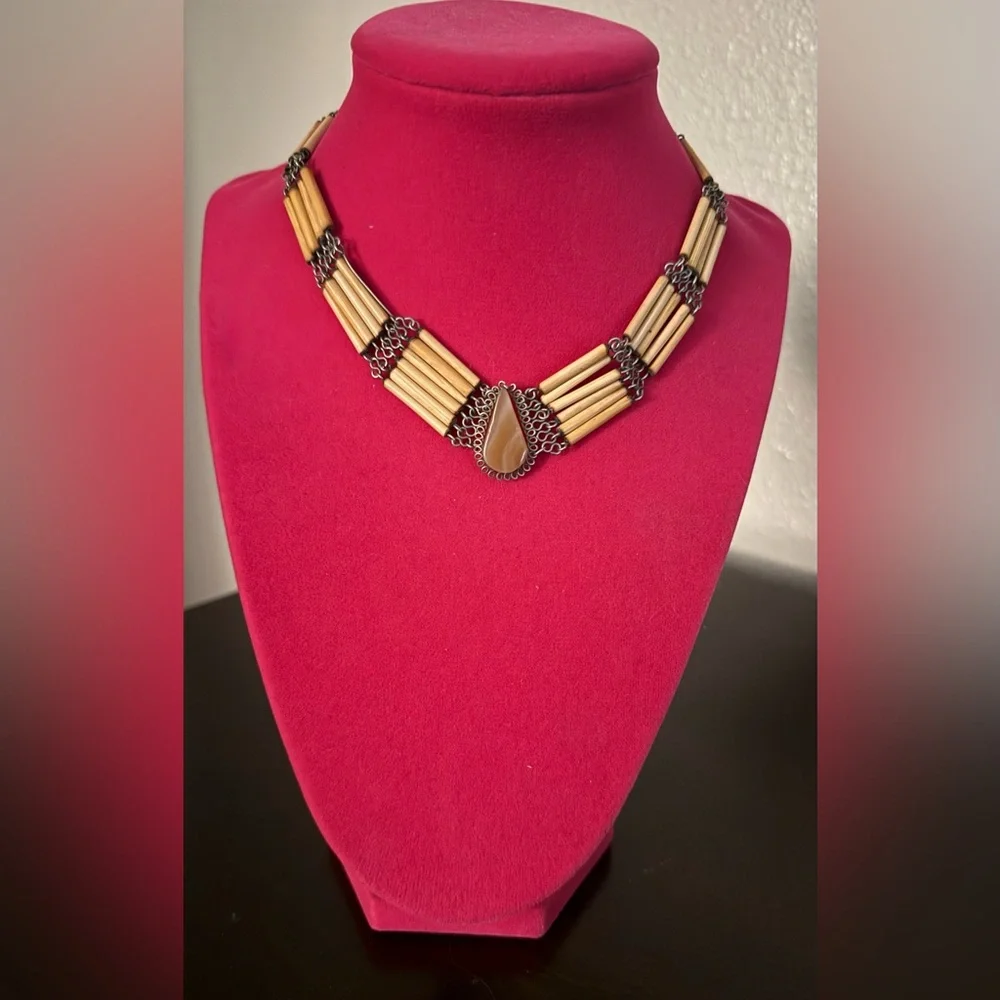 Vintage Peruvian Bamboo & Silver Tone Chain Choker | Agate Statement Necklace